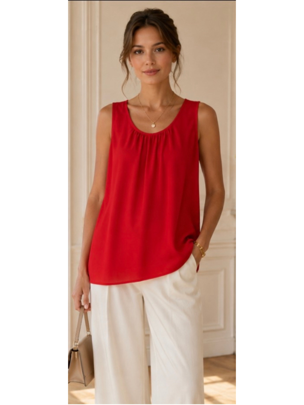 Women's Sejour Red Sleeveless Pleated Tank Top Size 16W Silk Blend